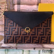 F is Fendi Large Slim Pouch In FF Motif Calf Leather Brown/Black