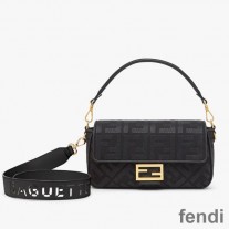 Fendi Baguette Bag with Laser Cut Strap In FF Motif Canvas Black
