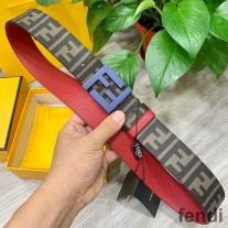 Fendi Enamel FF Buckle Reversible Belt In FF Motif Fabric and Calfskin Brown/Blue