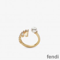 Fendi First Ring In Metal with Crystals and Pearls Gold
