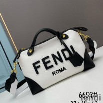 Fendi Medium By The Way Boston Bag In ROMA Logo Canvas White/Black