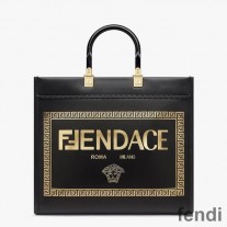 Fendi Medium Sunshine Shopper Bag In Fendace Logo Calf Leather Black