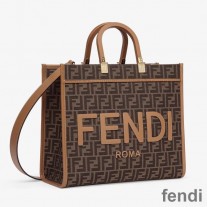 Fendi Medium Sunshine Shopper Bag In ROMA Logo FF Motif Fabric Brown