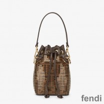 Fendi Mini Mon Tresor Bucket Bag In FF Motif Fabric with Sequins Brown