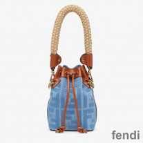 Fendi Mini Mon Tresor Bucket Bag with Straw Handle In FF Motif Straw Blue