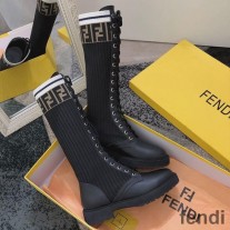 Fendi Rockoko High Combat Boots Women Leather with FF Stripes Stretch Fabric Black/White