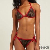 Fendi Triangle Bikini with Ties Women FF Motif Lycra Brown/Red
