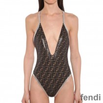 Fendi Crisscross Swimsuit Women FF Motif Lycra Brown/Silver