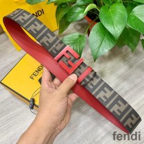Fendi Enamel FF Buckle Reversible Belt In FF Motif Fabric and Calfskin Brown/Red
