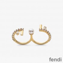 Fendi First Double Ring In Metal with Crystals and Pearls Gold