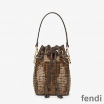 Fendi Mini Mon Tresor Bucket Bag In FF Motif Fabric with Sequins Brown