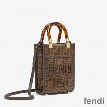 Fendi Mini Sunshine Shopper Bag In FF Motif Fabric with Sequins Brown