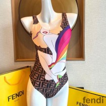 Fendi Reversible Swimsuit Women Rainbow Girl FF Motif Lycra Brown/Sky Blue