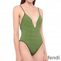 Fendi Reversible Swimsuit with Straps Women Checkered FF Motif Lycra Green/Brown