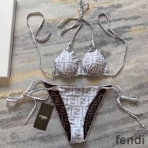 Fendi Reversible Triangular Bikini with Ties Women FF Motif Lycra Brown/Grey