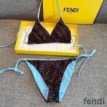 Fendi Reversible Triangular Bikini with Ties Women FF Motif Lycra Brown/Sky Blue