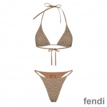 Fendi Reversible Triangular Bikini with Ties Women Skims Logo Motif Lycra Khaki/Brown