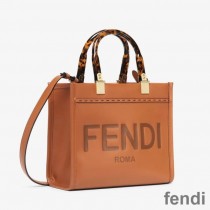 Fendi Small Sunshine Shopper Bag In ROMA Logo Calf Leather Brown