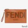 Fendi Large Flat Clutch In Roma Logo Calf Leather Brown