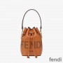 Fendi Mini Mon Tresor Bucket Bag In ROMA Logo Calf Leather Brown