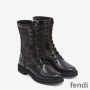 Fendi Signture Biker Boots Women Leather with FF Karligraphy Motif Fabric Black